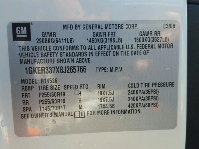 1GKER337X8J265766 - 2008 GMC ACADIA SLT თეთრი ფოტო 10