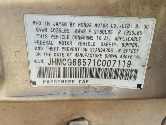 JHMCG66571C007119 - 2001 HONDA ACCORD LX GOLD photo 10