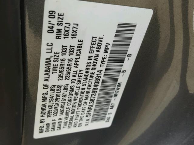 5FNRL38739B408914 - 2009 HONDA ODYSSEY EX SILVER photo 10