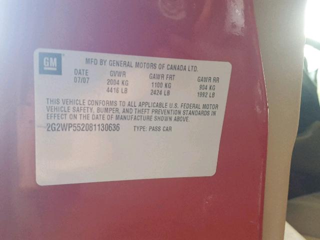 2G2WP552081130636 - 2008 PONTIAC GRAND PRIX წითელი ფოტო 10