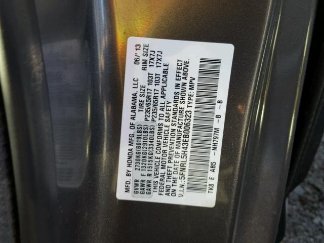 5FNRL5H43EB006323 - 2014 HONDA ODYSSEY EX GRAY photo 10