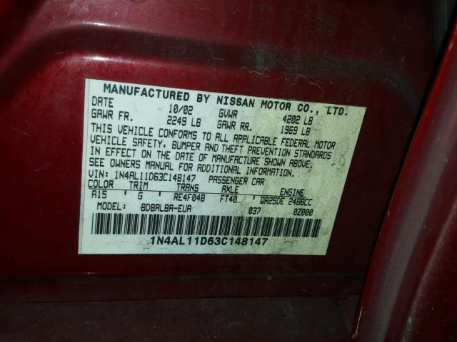 1N4AL11D63C148147 - 2003 NISSAN ALTIMA BAS RED photo 10