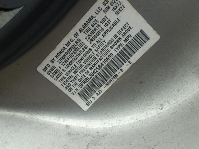 5FNRL38425B410699 - 2005 HONDA ODYSSEY EX SILVER photo 10