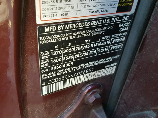 4JGCB65E96A026951 - 2006 MERCEDES-BENZ R 350 MAROON photo 10