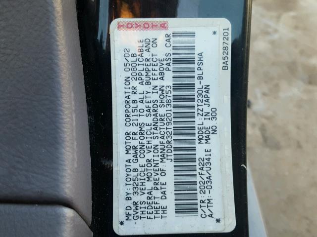 JTDDR32T920138753 - 2002 TOYOTA CELICA GT BLACK photo 10