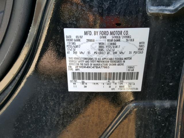 2FMDK49C47BA77863 - 2007 FORD EDGE SEL P BLACK photo 10