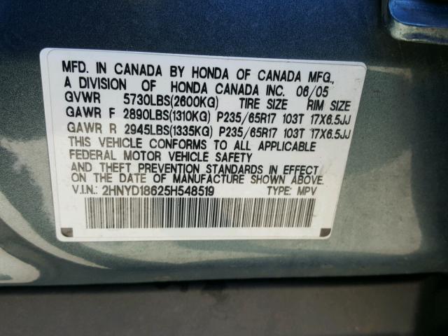 2HNYD18625H548519 - 2005 ACURA MDX TOURIN BLUE photo 10