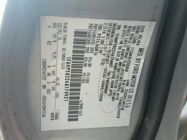 1FAHP58224A174921 - 2004 FORD TAURUS SE SILVER photo 10