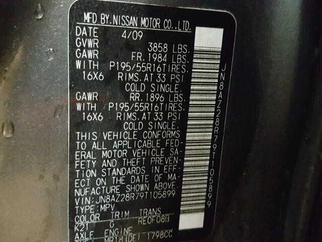 JN8AZ28R79T105899 - 2009 NISSAN CUBE BASE GRAY photo 10