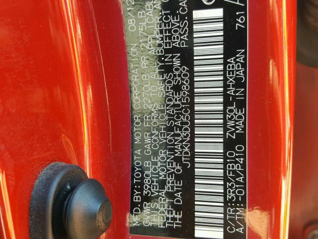 JTDKN3DU5C1598609 - 2012 TOYOTA PRIUS RED photo 10