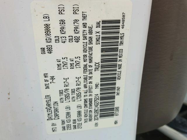 3D7KU28C14G275214 - 2004 DODGE RAM 2500 S თეთრი ფოტო 10