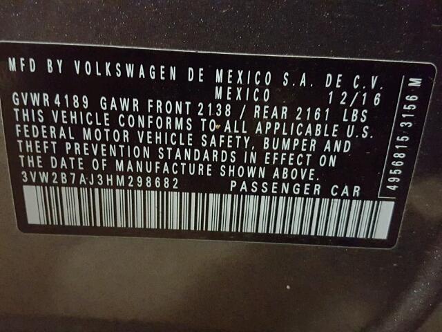 3VW2B7AJ3HM298682 - 2017 VOLKSWAGEN JETTA S GRAY photo 10