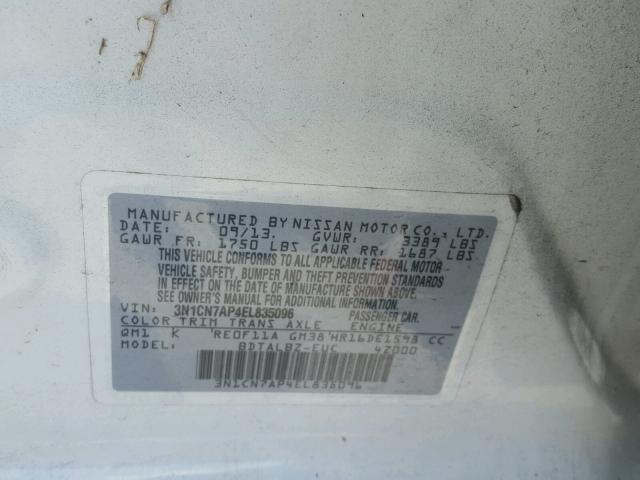 3N1CN7AP4EL835096 - 2014 NISSAN VERSA S WHITE photo 10