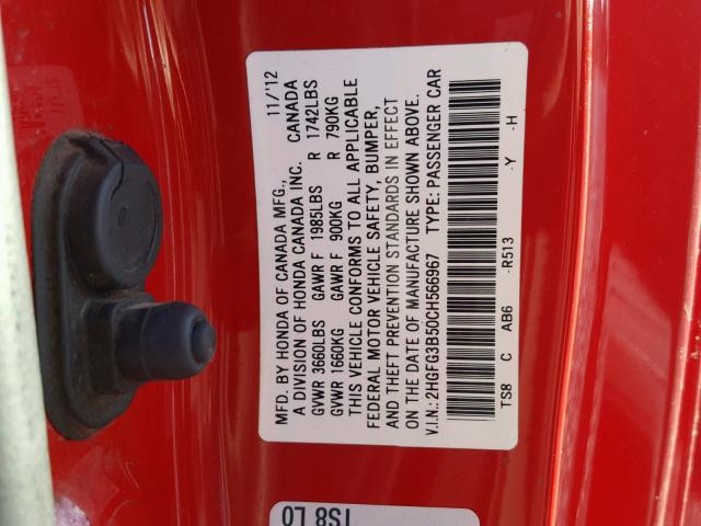 2HGFG3B50CH566967 - 2012 HONDA CIVIC LX RED photo 10