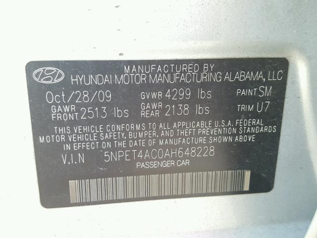 5NPET4AC0AH648228 - 2010 HYUNDAI SONATA SILVER photo 10