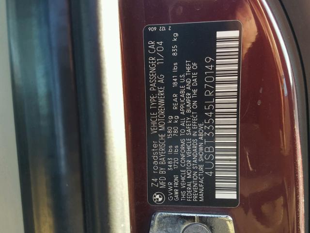 4USBT33545LR70149 - 2005 BMW Z4 2.5 BROWN photo 10