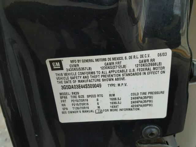 3G5DA03E44S509049 - 2004 BUICK RENDEZVOUS GRAY photo 10