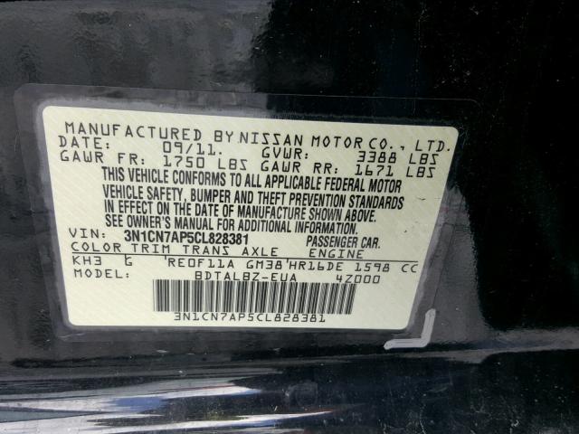 3N1CN7AP5CL828381 - 2012 NISSAN VERSA S BLACK photo 10