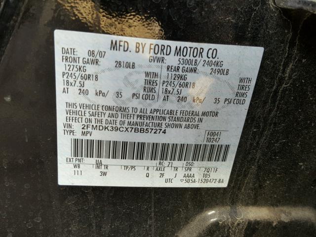 2FMDK39CX7BB57274 - 2007 FORD EDGE SEL P BLACK photo 10