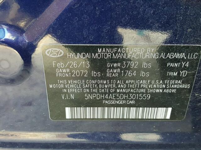 5NPDH4AE5DH301559 - 2013 HYUNDAI ELANTRA GL BLUE photo 10