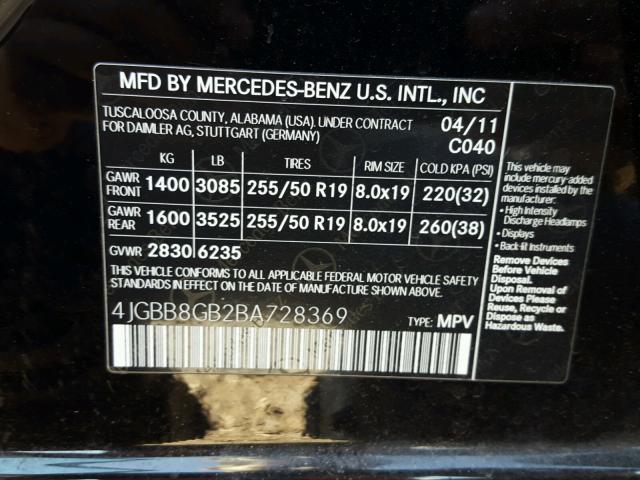 4JGBB8GB2BA728369 - 2011 MERCEDES-BENZ ML 350 4MA BLACK photo 10