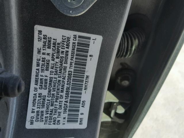 1HGFA16889L020083 - 2009 HONDA CIVIC EX GRAY photo 10