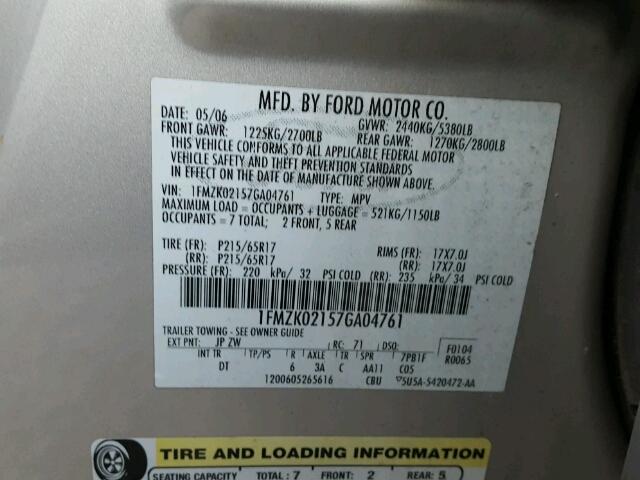 1FMZK02157GA04761 - 2007 FORD FREESTYLE GRAY photo 10