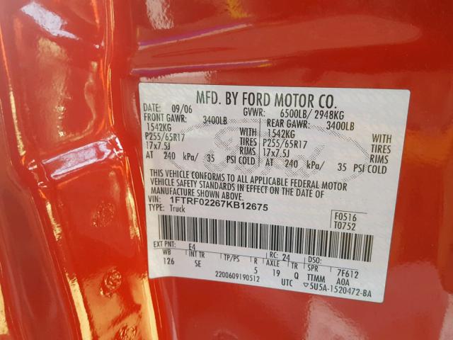 1FTRF02267KB12675 - 2007 FORD F150 RED photo 10