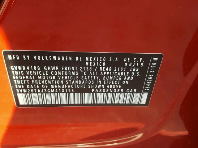 3VW267AJ3GM413123 - 2016 VOLKSWAGEN JETTA S 红色 照片 10