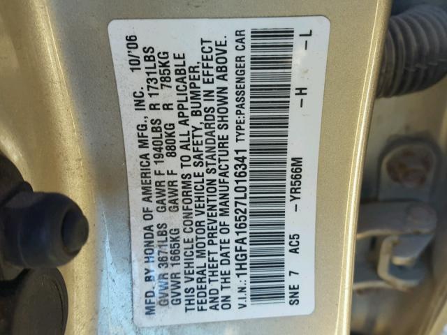 1HGFA16527L016341 - 2007 HONDA CIVIC LX GOLD photo 10