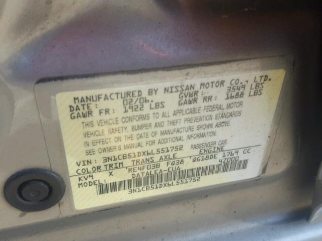 3N1CB51DX6L551752 - 2006 NISSAN SENTRA 1.8 GRAY photo 10