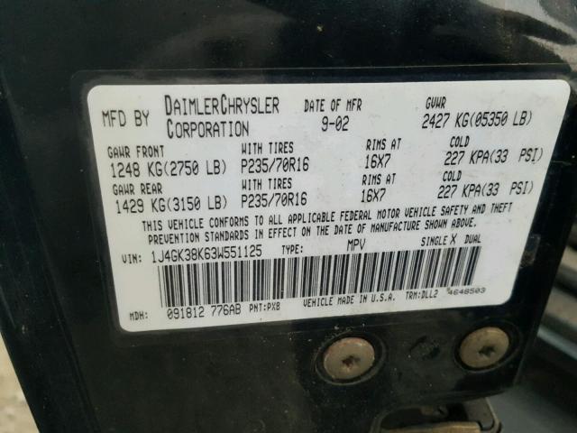 1J4GK38K63W551125 - 2003 JEEP LIBERTY RE BLACK photo 10