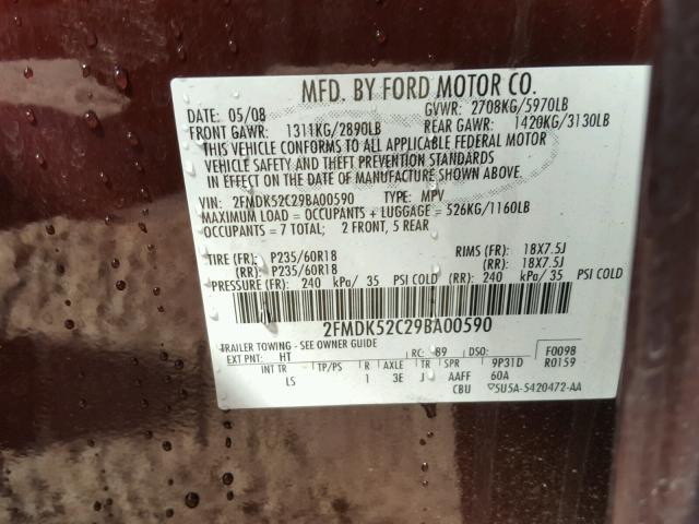 2FMDK52C29BA00590 - 2009 FORD FLEX SEL MAROON photo 10