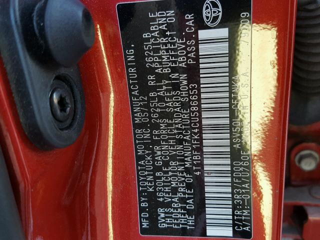 4T1BF1FK4CU586653 - 2012 TOYOTA CAMRY BASE RED photo 10