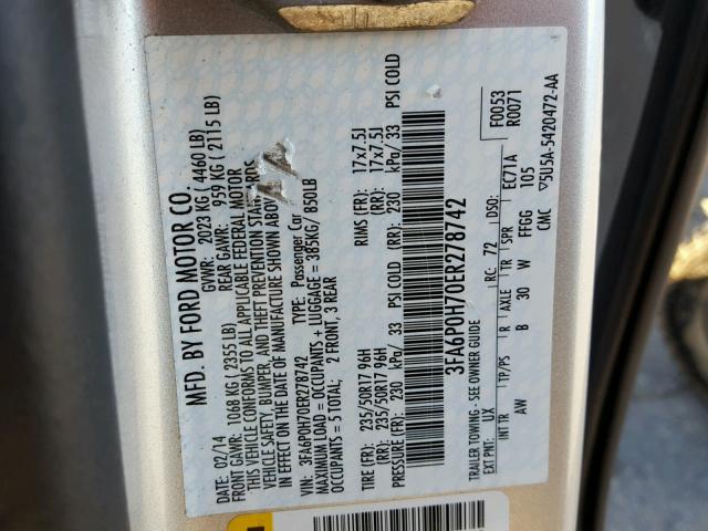 3FA6P0H70ER278742 - 2014 FORD FUSION SE SILVER photo 10