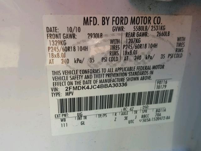 2FMDK4JC4BBA30336 - 2011 FORD EDGE SEL WHITE photo 10