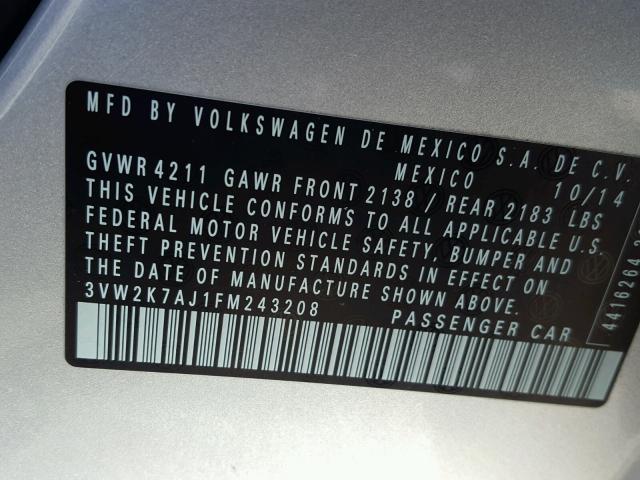 3VW2K7AJ1FM243208 - 2015 VOLKSWAGEN JETTA BASE SILVER photo 10