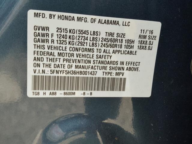 5FNYF5H36HB001437 - 2017 HONDA PILOT EX BLUE photo 10