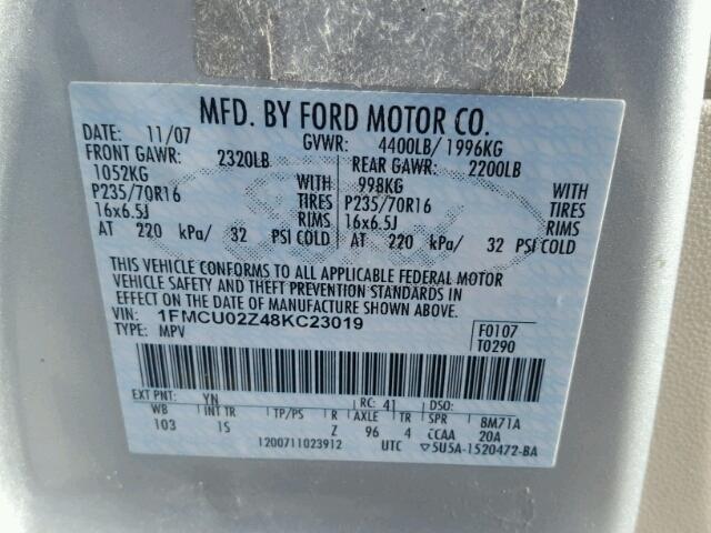 1FMCU02Z48KC23019 - 2008 FORD ESCAPE XLS SILVER photo 10