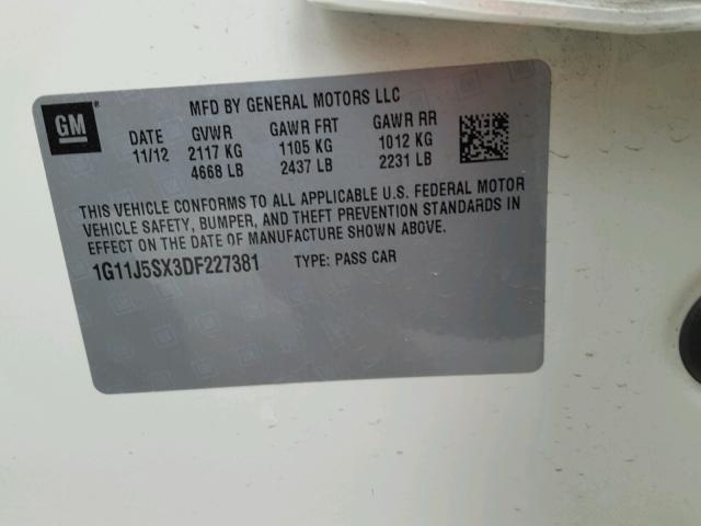 1G11J5SX3DF227381 - 2013 CHEVROLET MALIBU LTZ თეთრი ფოტო 10