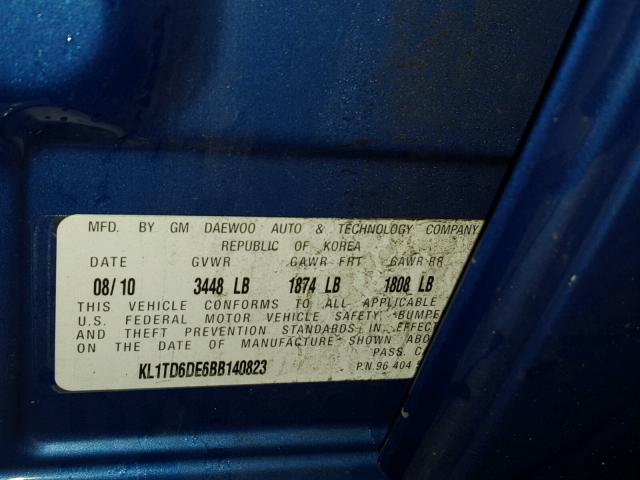 KL1TD6DE6BB140823 - 2011 CHEVROLET AVEO LS BLUE photo 10