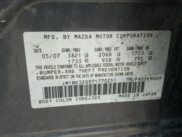 JM1BK32G071770251 - 2007 MAZDA 3 I GRAY photo 10