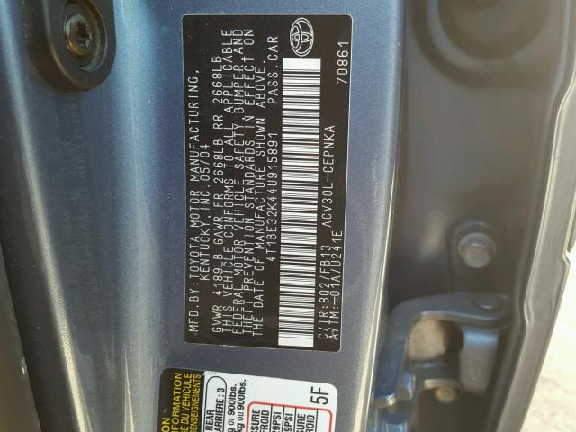 4T1BE32K44U915891 - 2004 TOYOTA CAMRY LE 青色 照片 10