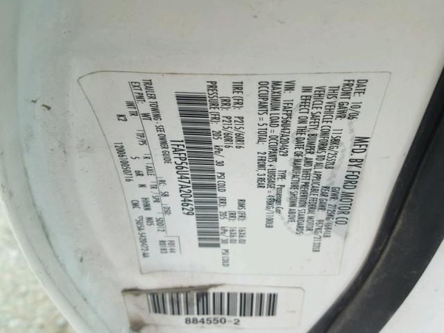 1FAFP56U47A204629 - 2007 FORD TAURUS SEL WHITE photo 10