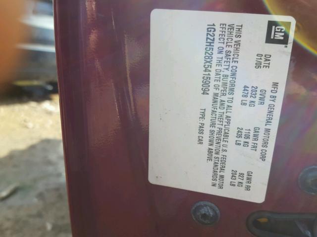 1G2ZH528X54159094 - 2005 PONTIAC G6 GT BURGUNDY photo 10