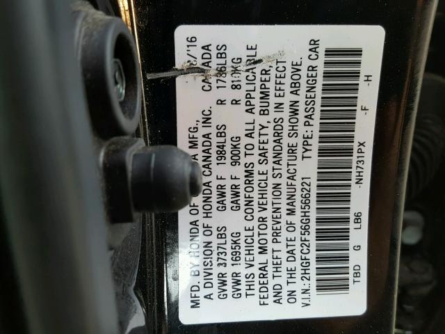 2HGFC2F56GH566221 - 2016 HONDA CIVIC LX BLACK photo 10