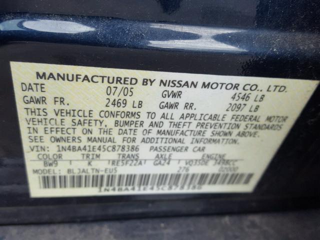 1N4BA41E45C878386 - 2005 NISSAN MAXIMA SE BLUE photo 10