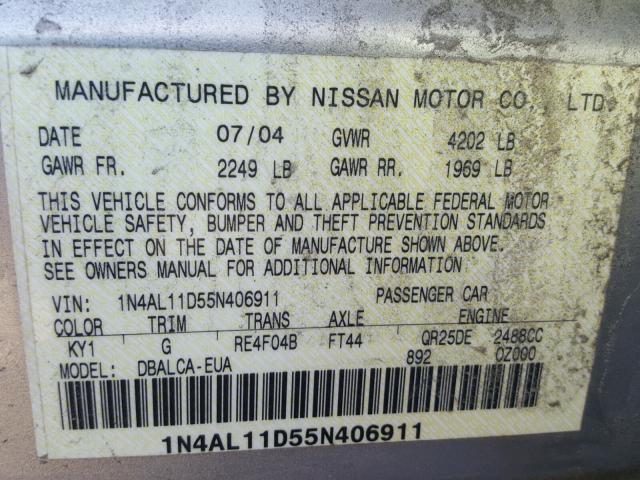 1N4AL11D55N406911 - 2005 NISSAN ALTIMA S SILVER photo 10