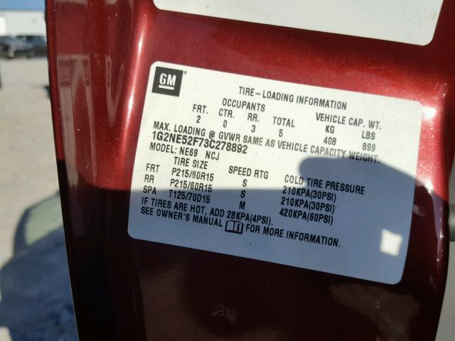 1G2NE52F73C278892 - 2003 PONTIAC GRAND AM S MAROON photo 10