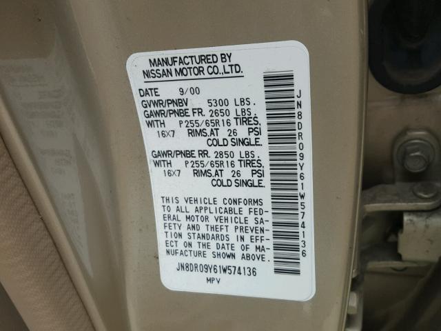 JN8DR09Y61W574136 - 2001 NISSAN PATHFINDER GOLD photo 10